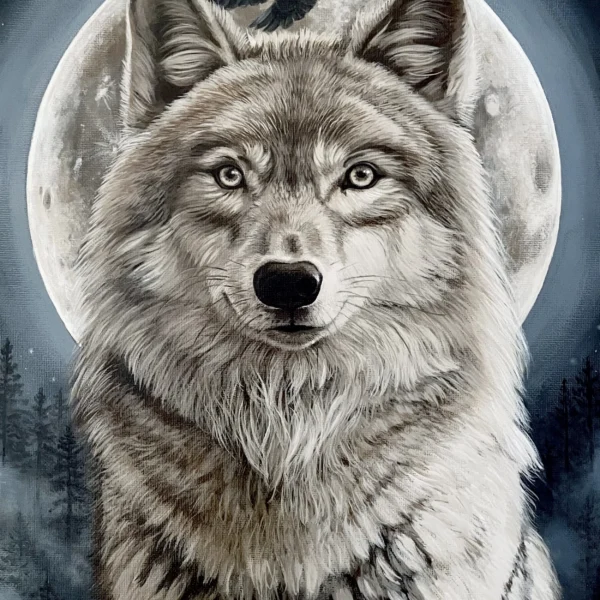 Wolf and raven beneath a full moon — painting by Tiffany Love