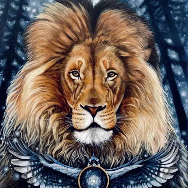 Lion with feathered wings and a cosmic pendant — painting by Tiffany Love
