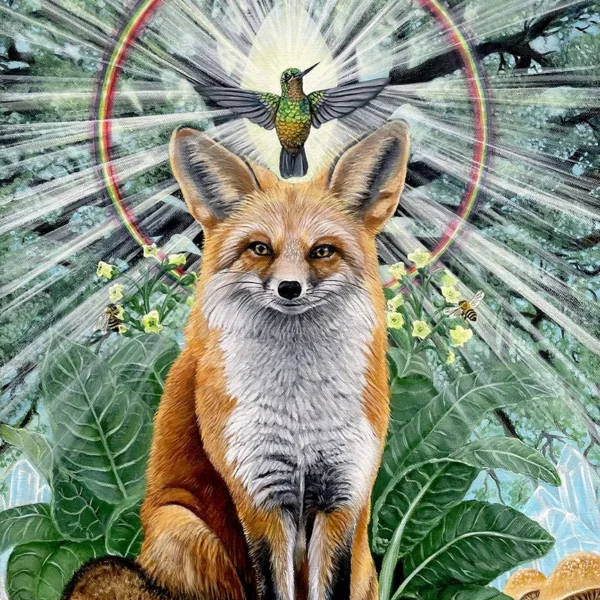Fox with hummingbird and forest light — painting by Tiffany Love