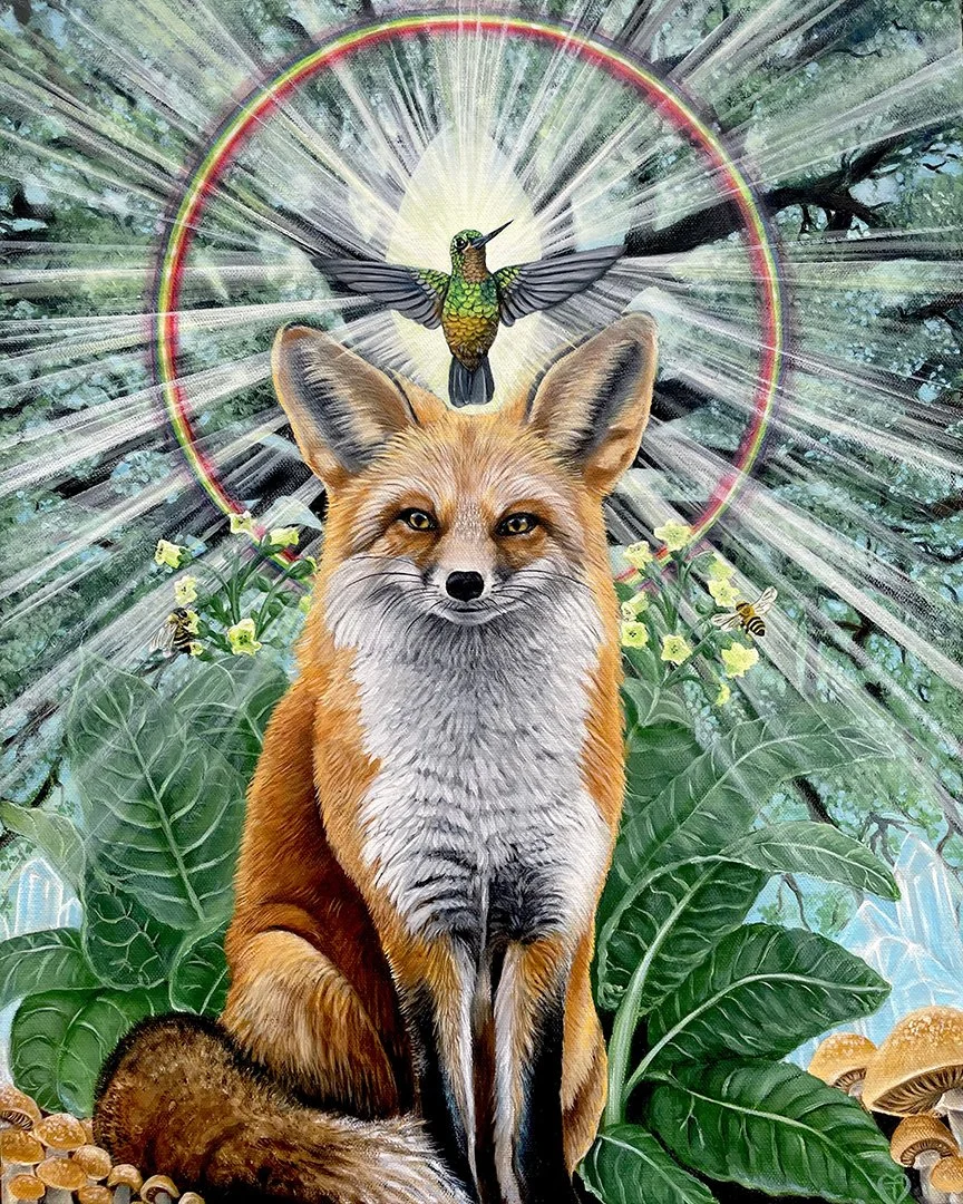 Fox with hummingbird and forest light — painting by Tiffany Love