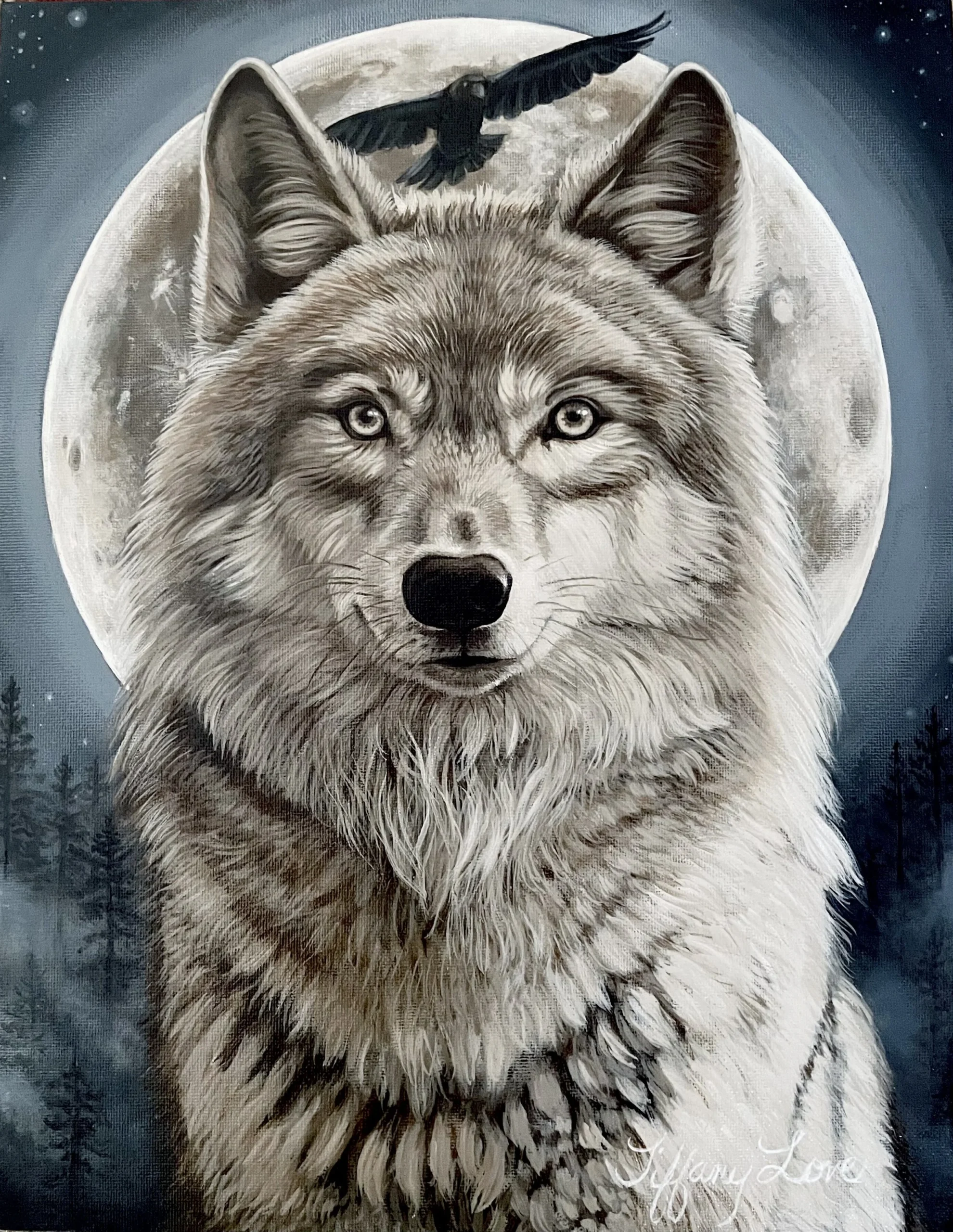 Wolf and raven beneath a full moon — painting by Tiffany Love